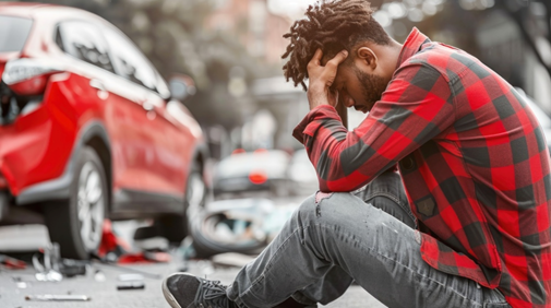 Man sits on the road beside his accident-damaged car