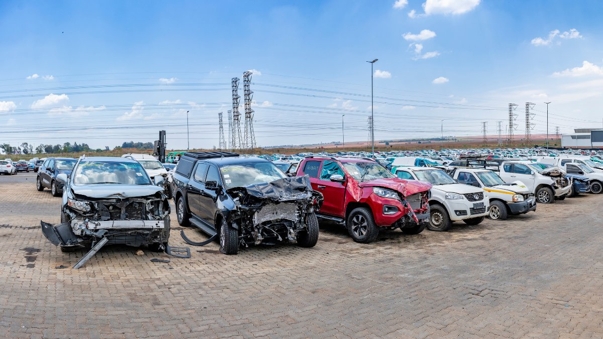 Row of written-off bakkies and SUVs with front-end damage at a salvage yard