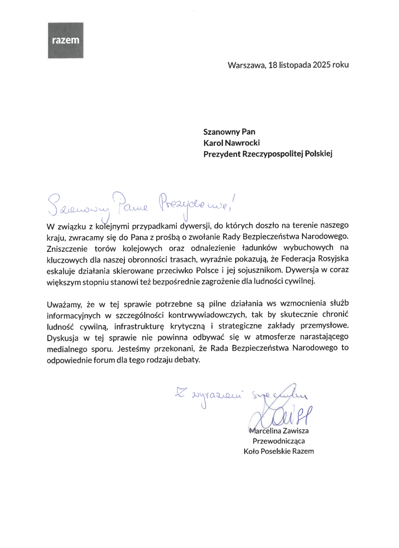 Pismo KP Razem ws zwołania Rady Bezpieczeństwa Narodowego