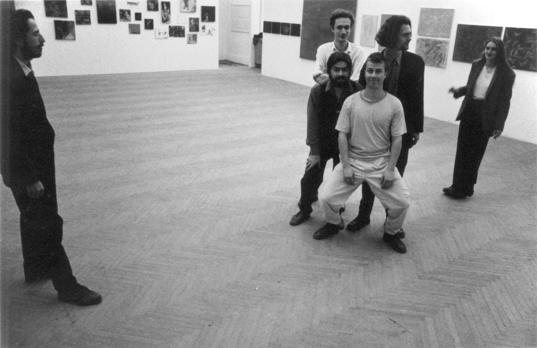 From left Josef Bolf, Jan Šerých, Ján Mančuška and Tomáš Vaněk (l-r), Radek Václavík (far left), at the exhibition Paintings, Drawings at Galerie AVU, Prague, 1996