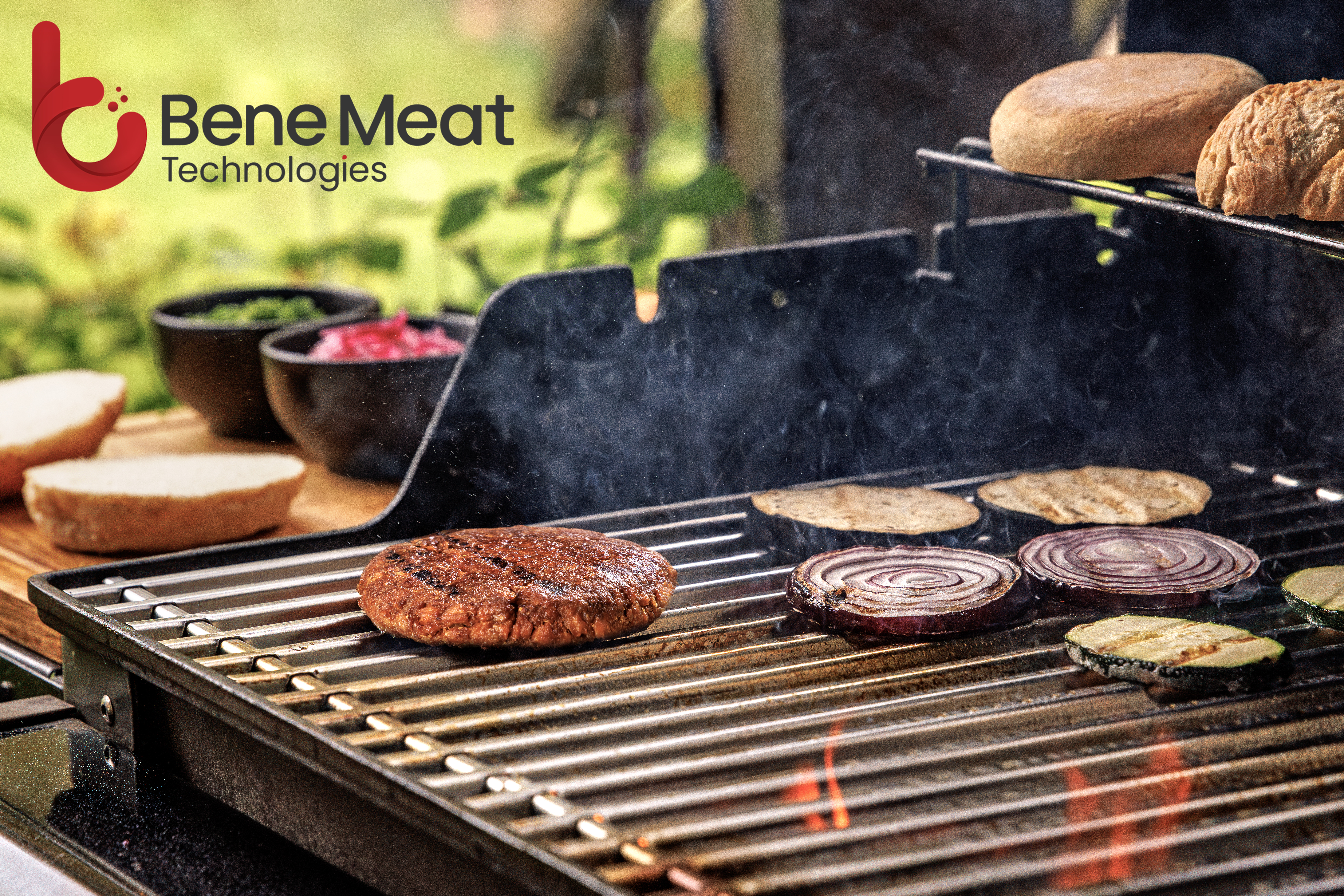 Grilling cultivated beef burger BeneMeat