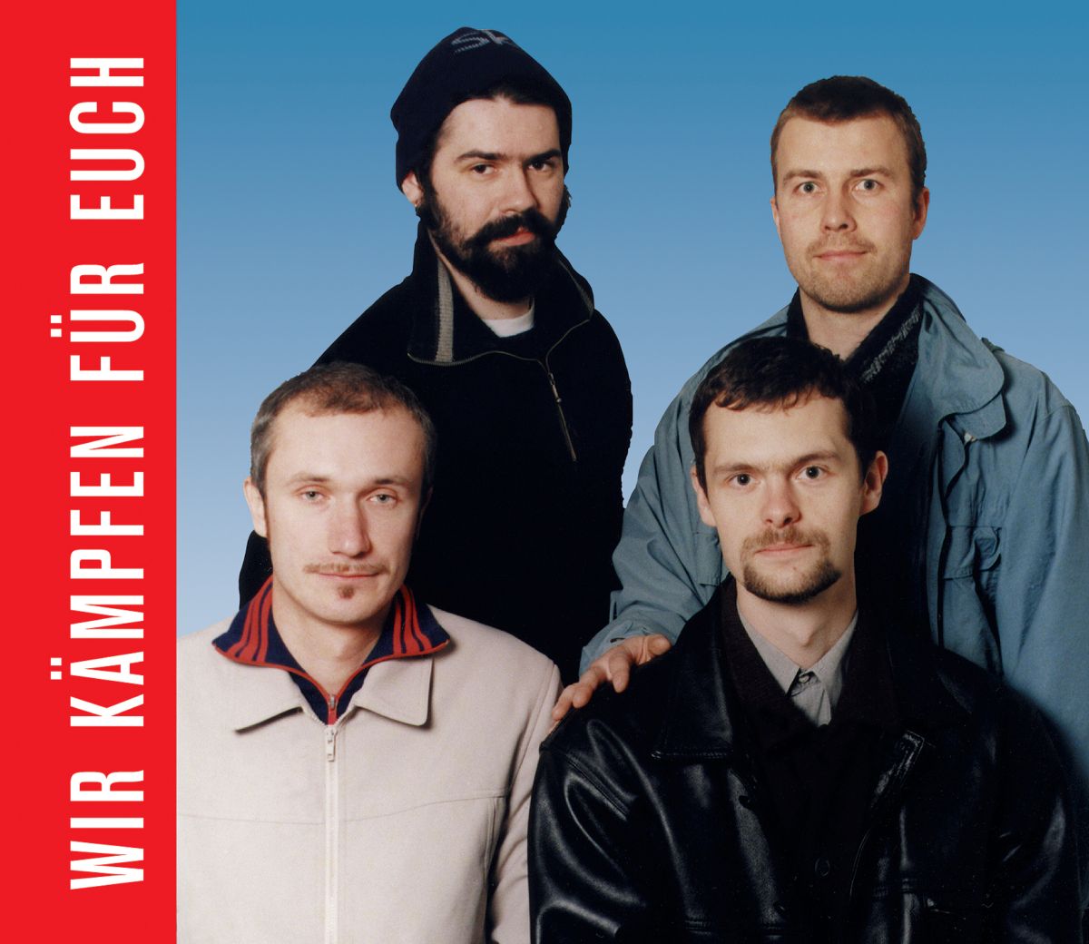Display Case BJ, Headless Rider, from left: Josef Bolf, Ján Mančuška, Jan Šerých and Tomáš Vaněk, Wir kämpfen für euch (We Are Fighting for You), poster created for the group's display case on Komunardů Street in Holešovice, 1998