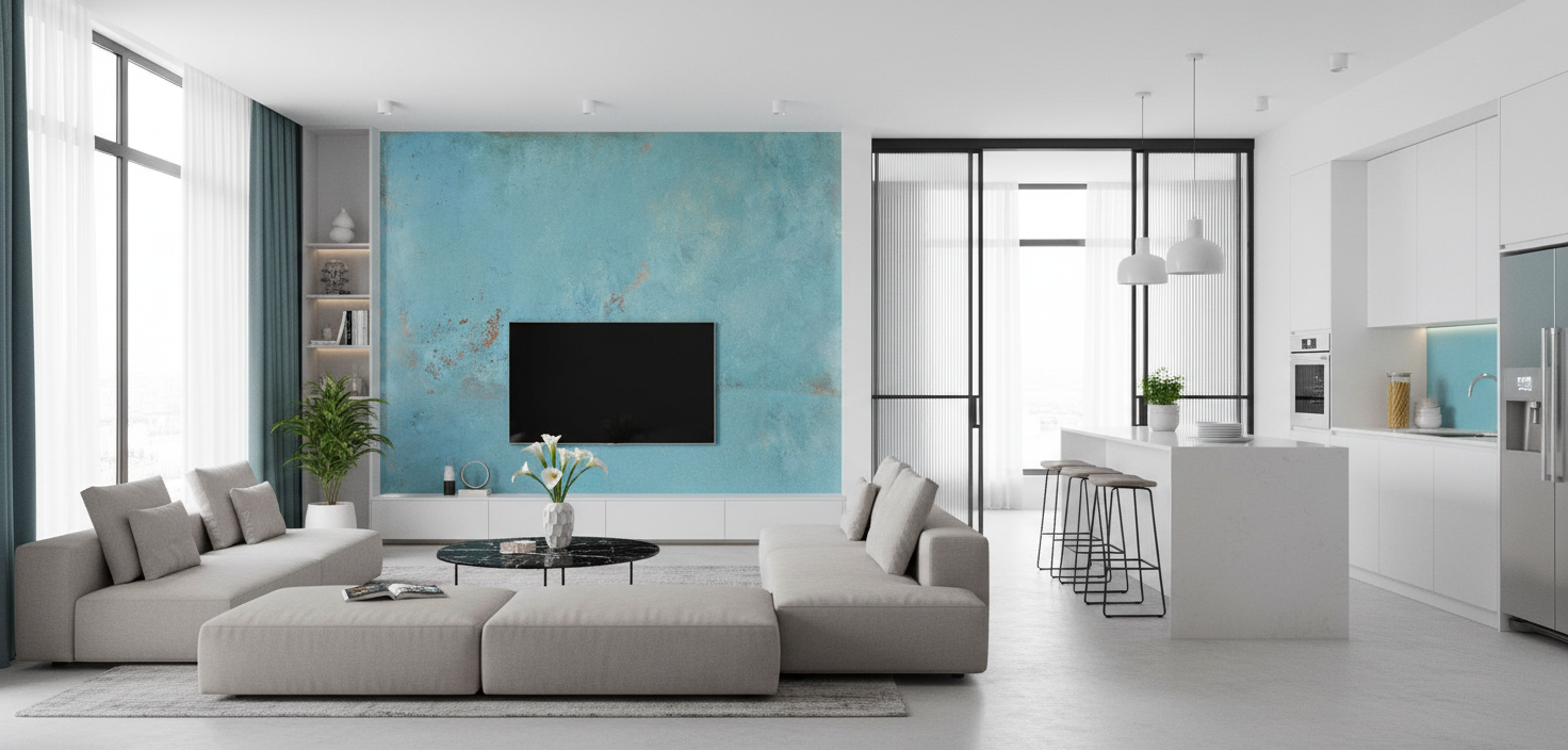 Tyrkysová harmonie: spojení tří druhů skel v dokonalém designu