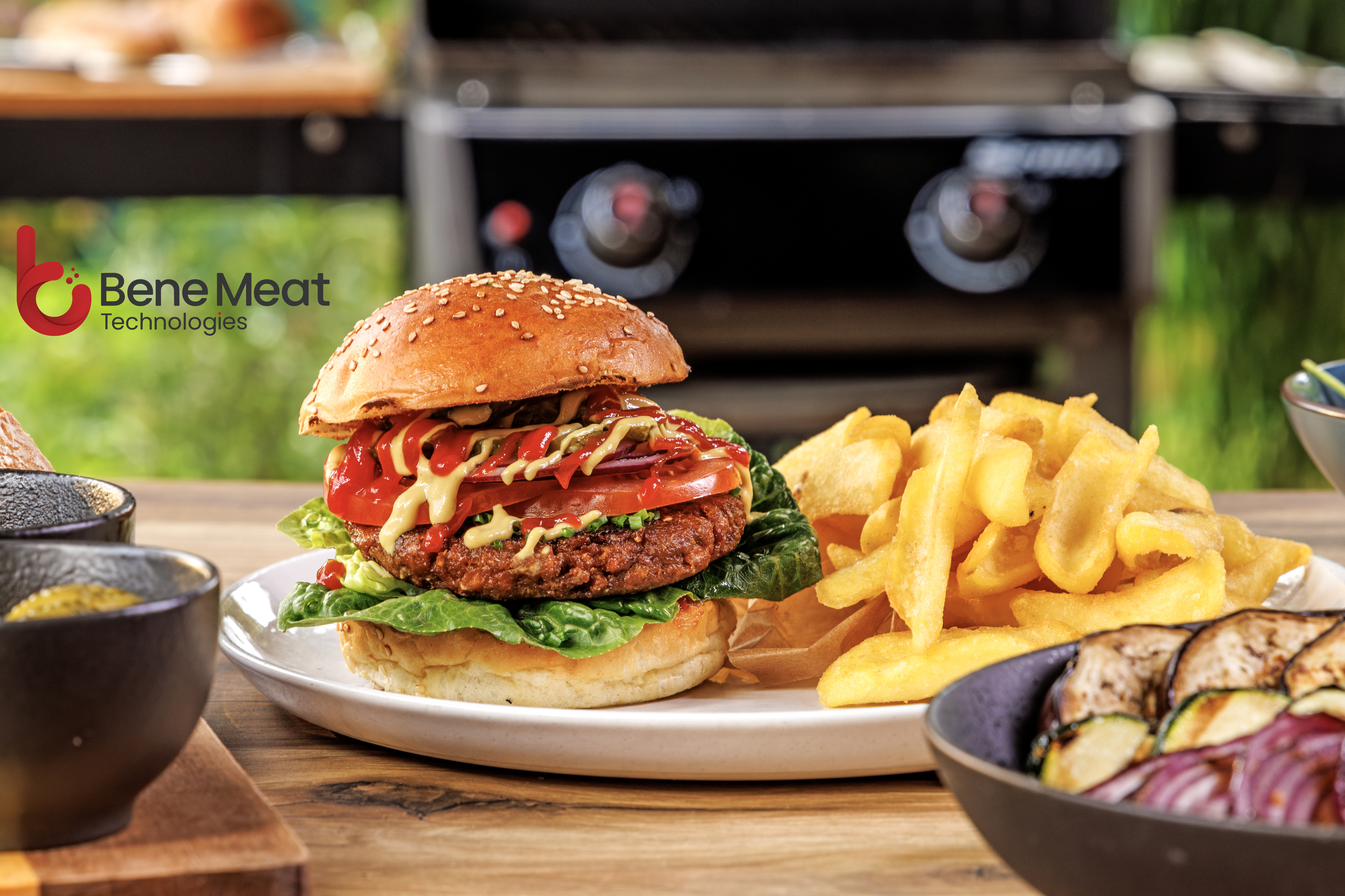 Cultivated beef burgers with fries
